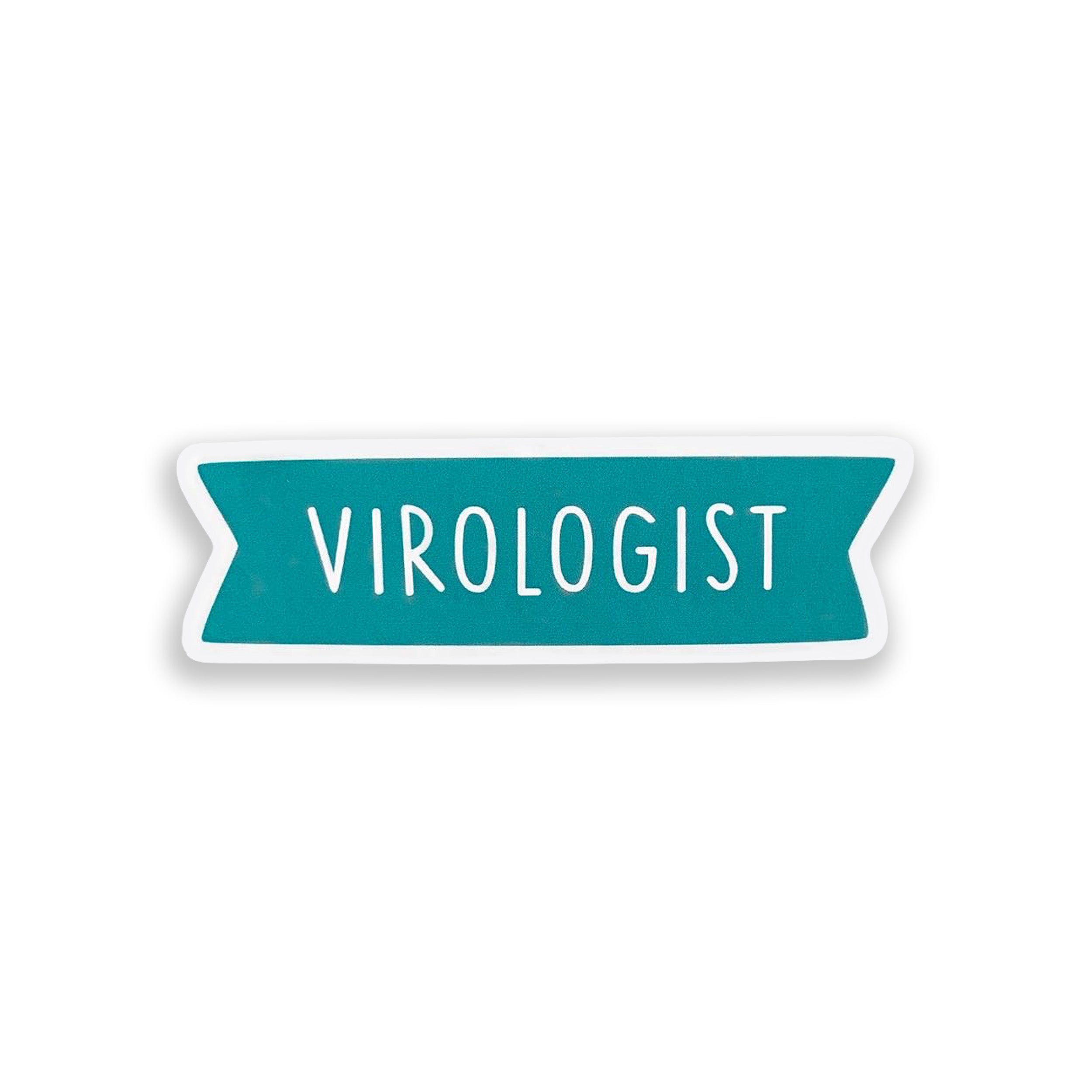 Sticker with 'Virologist' text on a teal banner against a white background