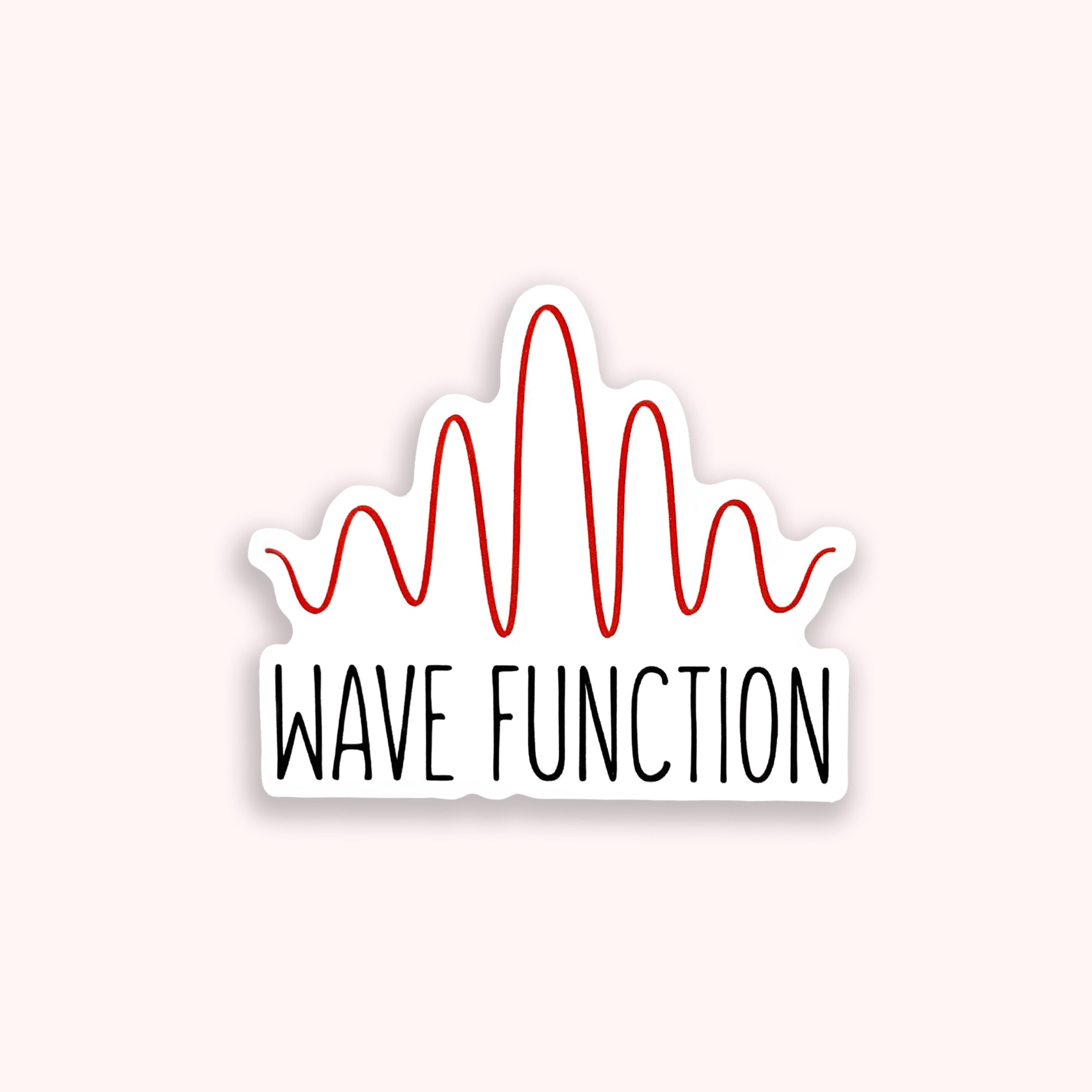 Sticker with red wave design and 'WAVE FUNCTION' text on a pink background
