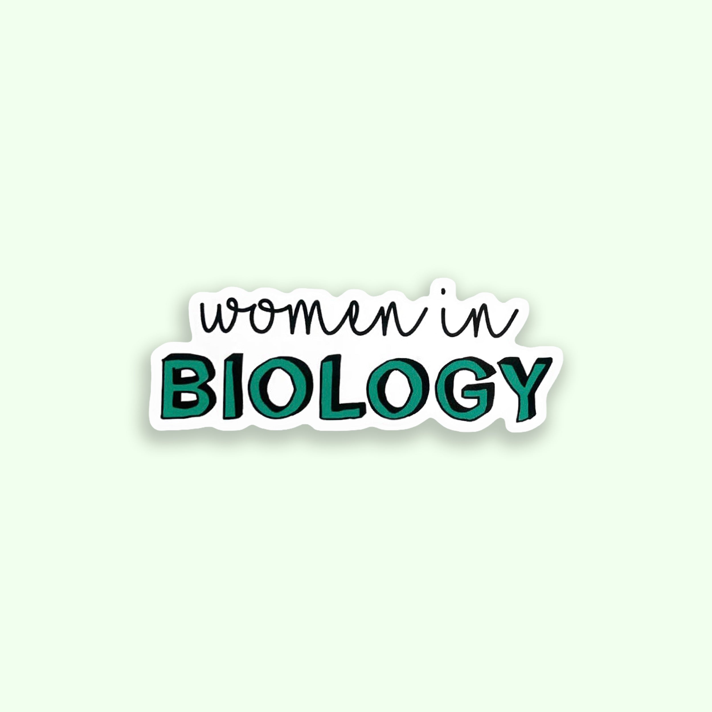 Sticker with 'women in BIOLOGY' text on a green background