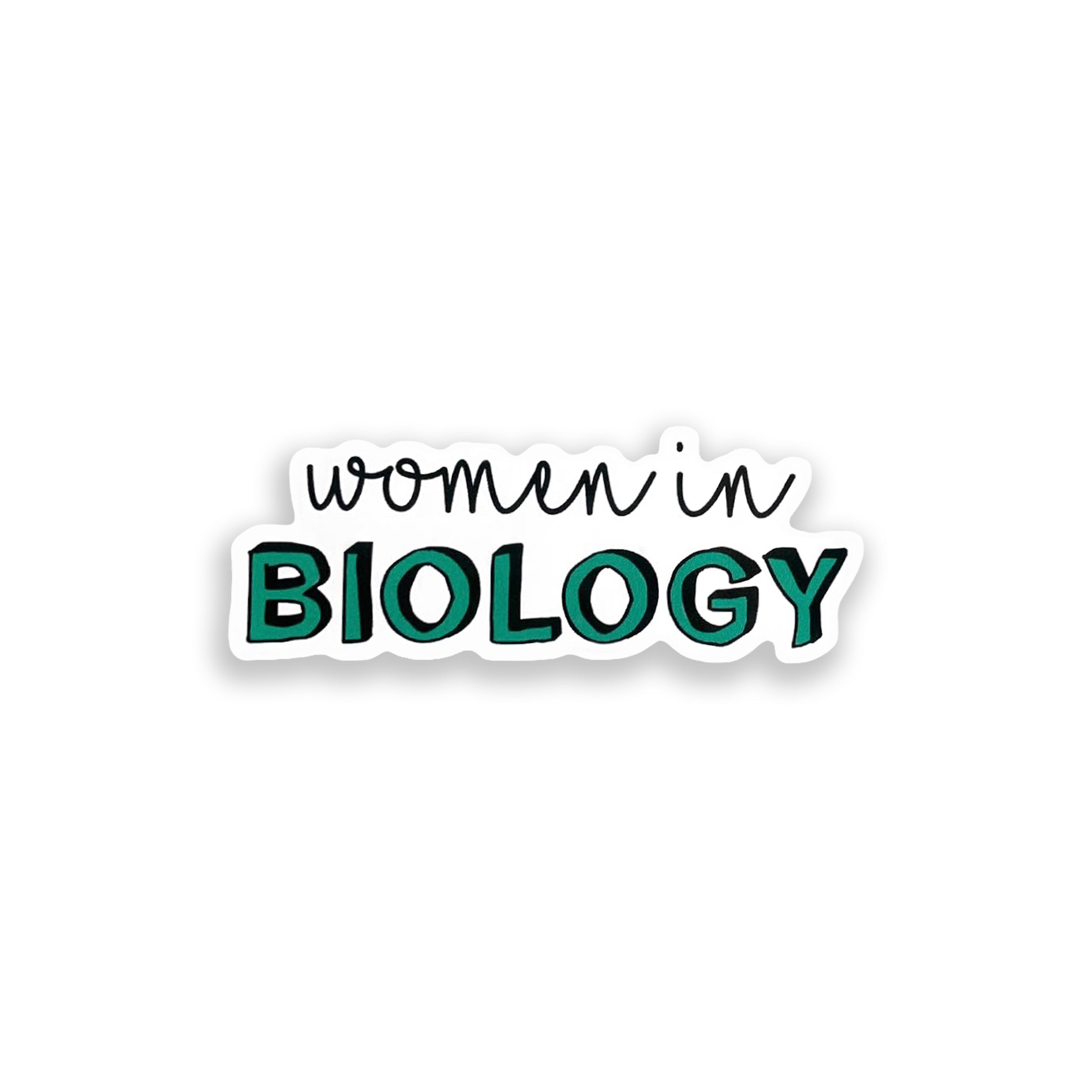 Sticker with 'women in BIOLOGY' text on a white background