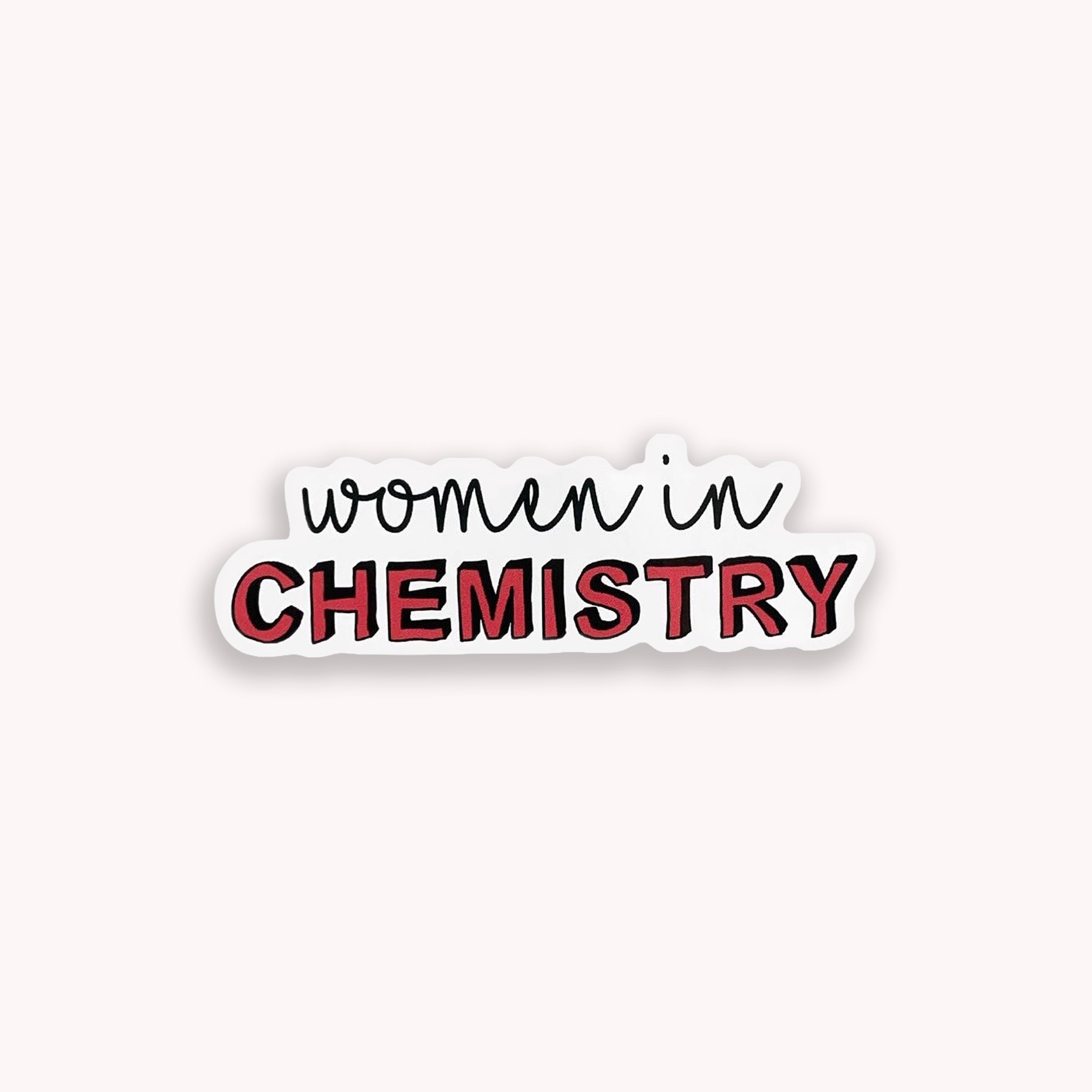 Women in Chemistry colourful vinyl sticker on pink background