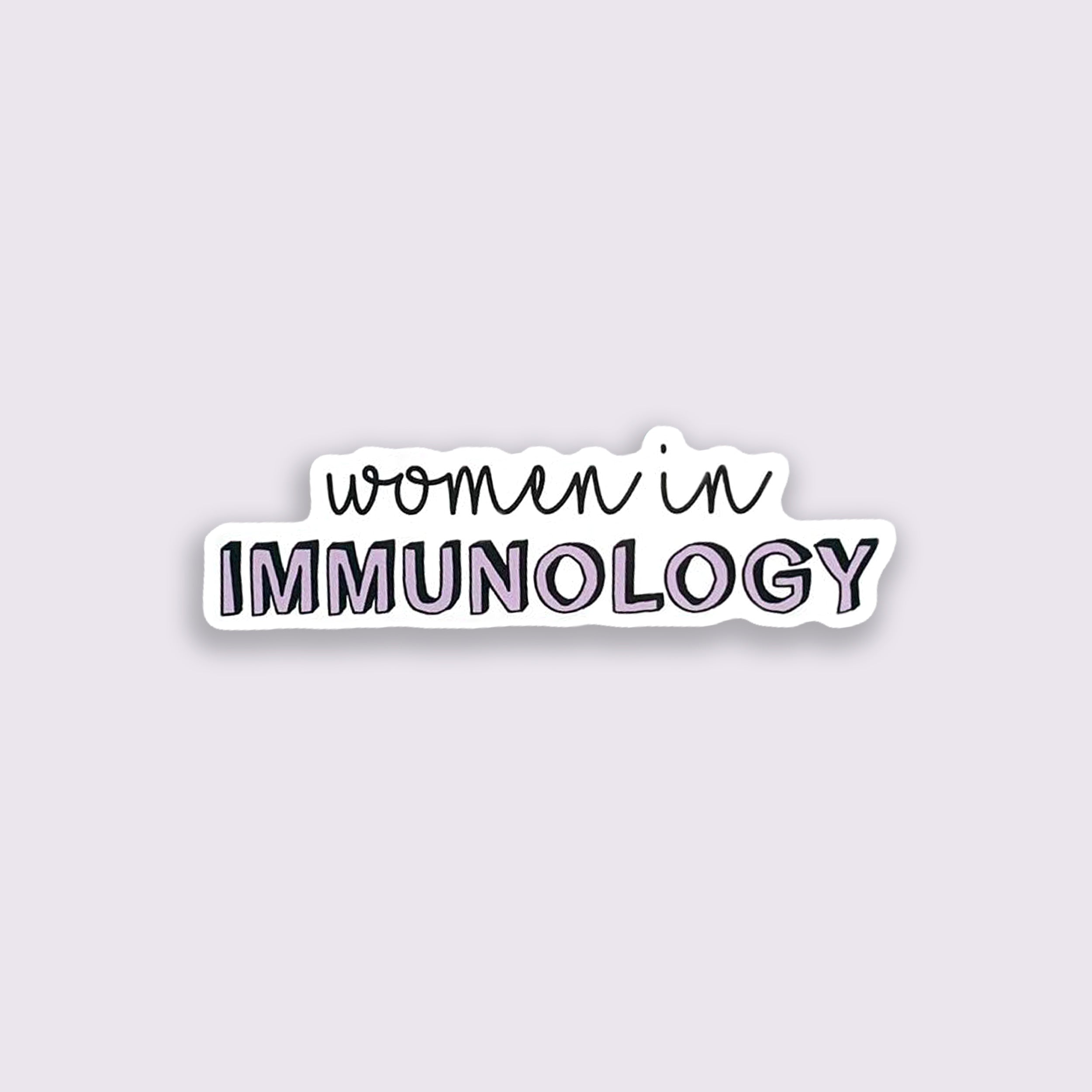 Sticker with 'women in IMMUNOLOGY' text on a purple background