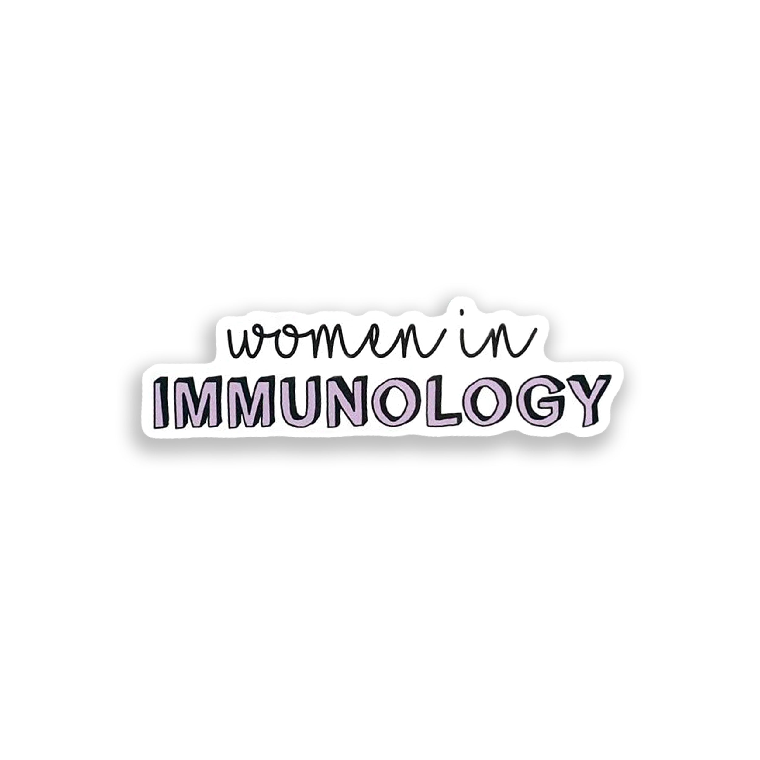 Sticker with 'women in IMMUNOLOGY' text on a white background