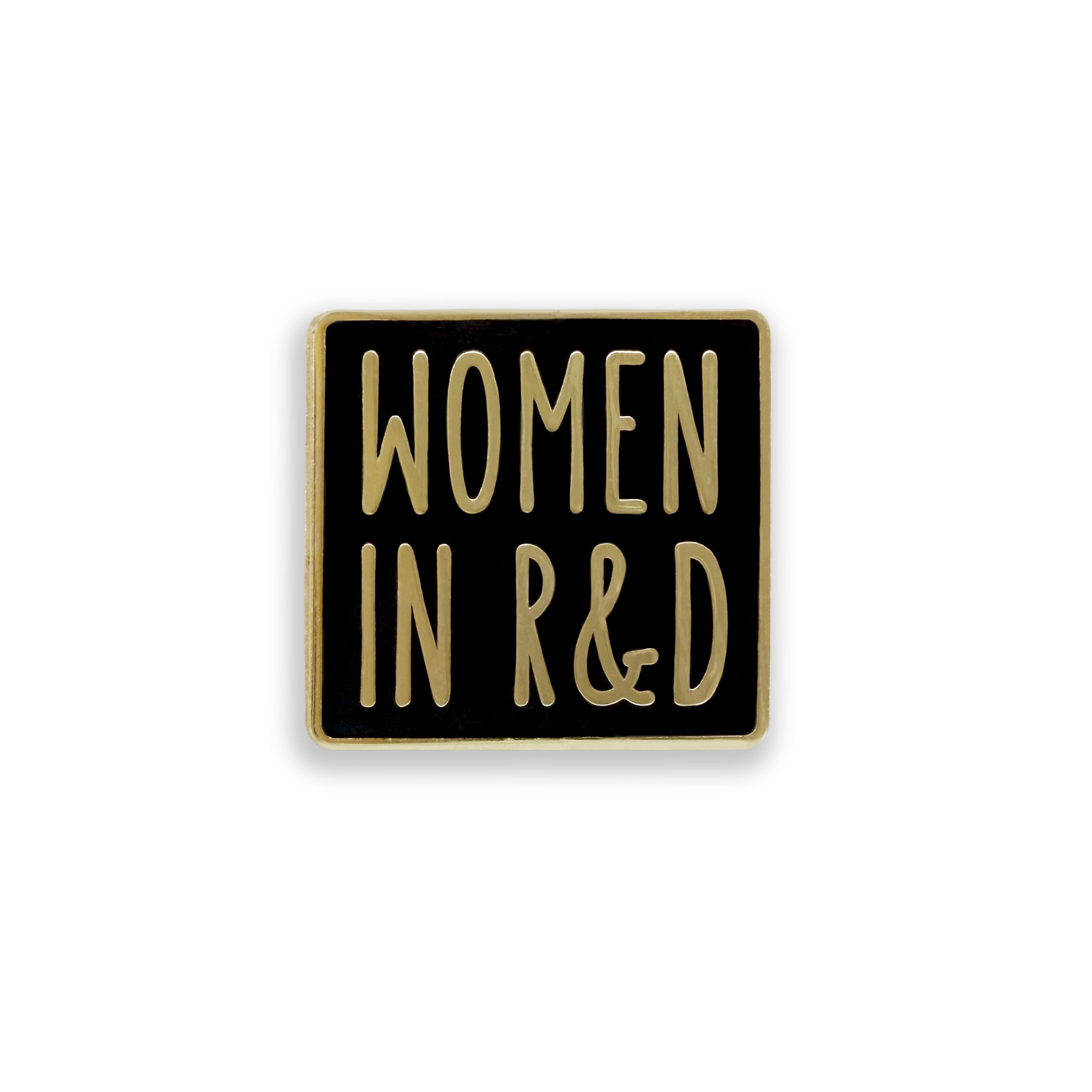 Black square pin with 'WOMEN IN R&D' text on a white background