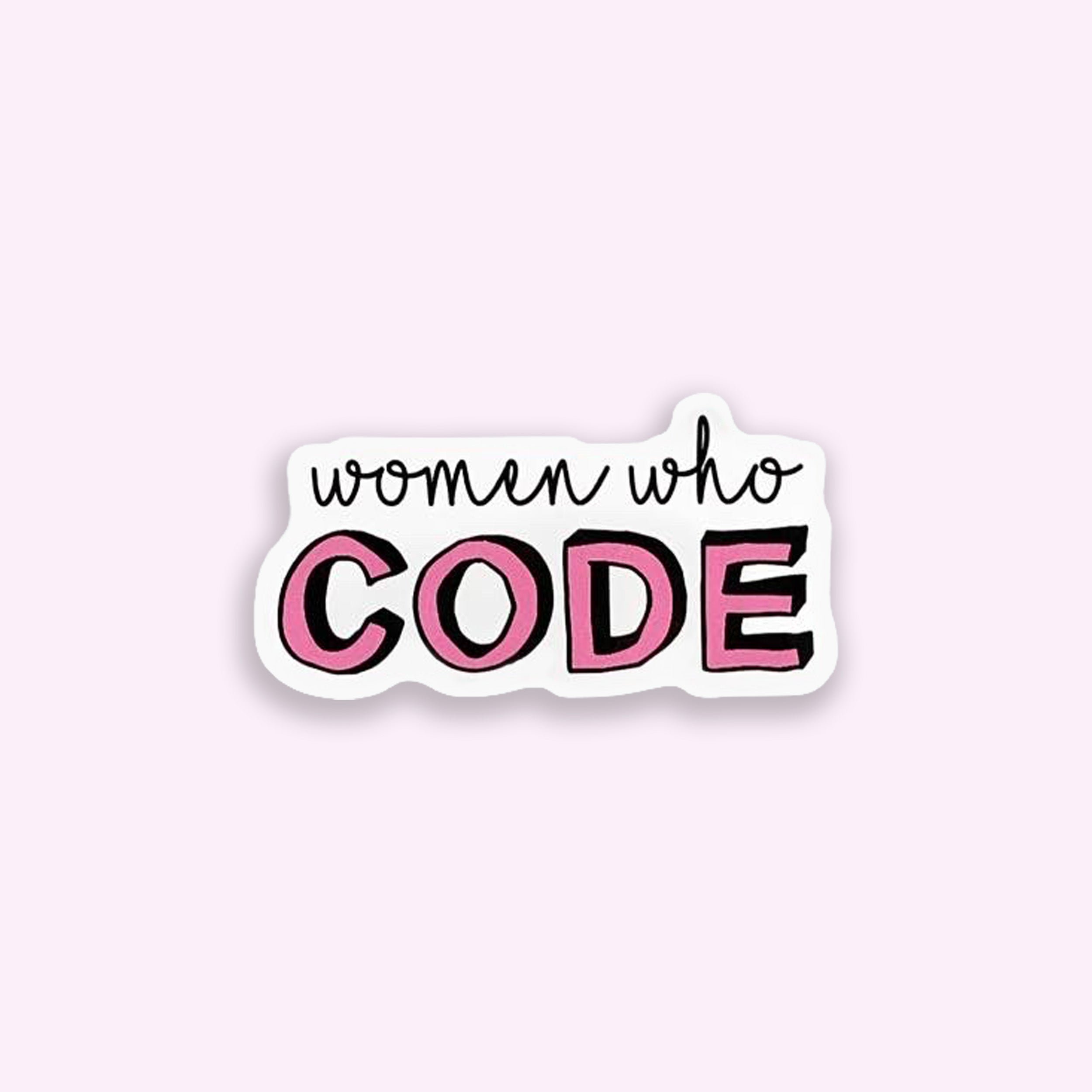 Sticker with 'women who CODE' text on a light pink background