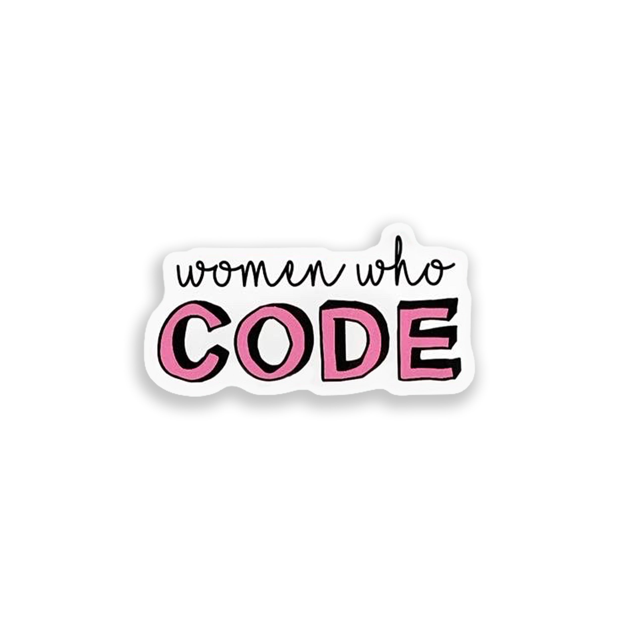 Sticker with 'women who CODE' text on a white background