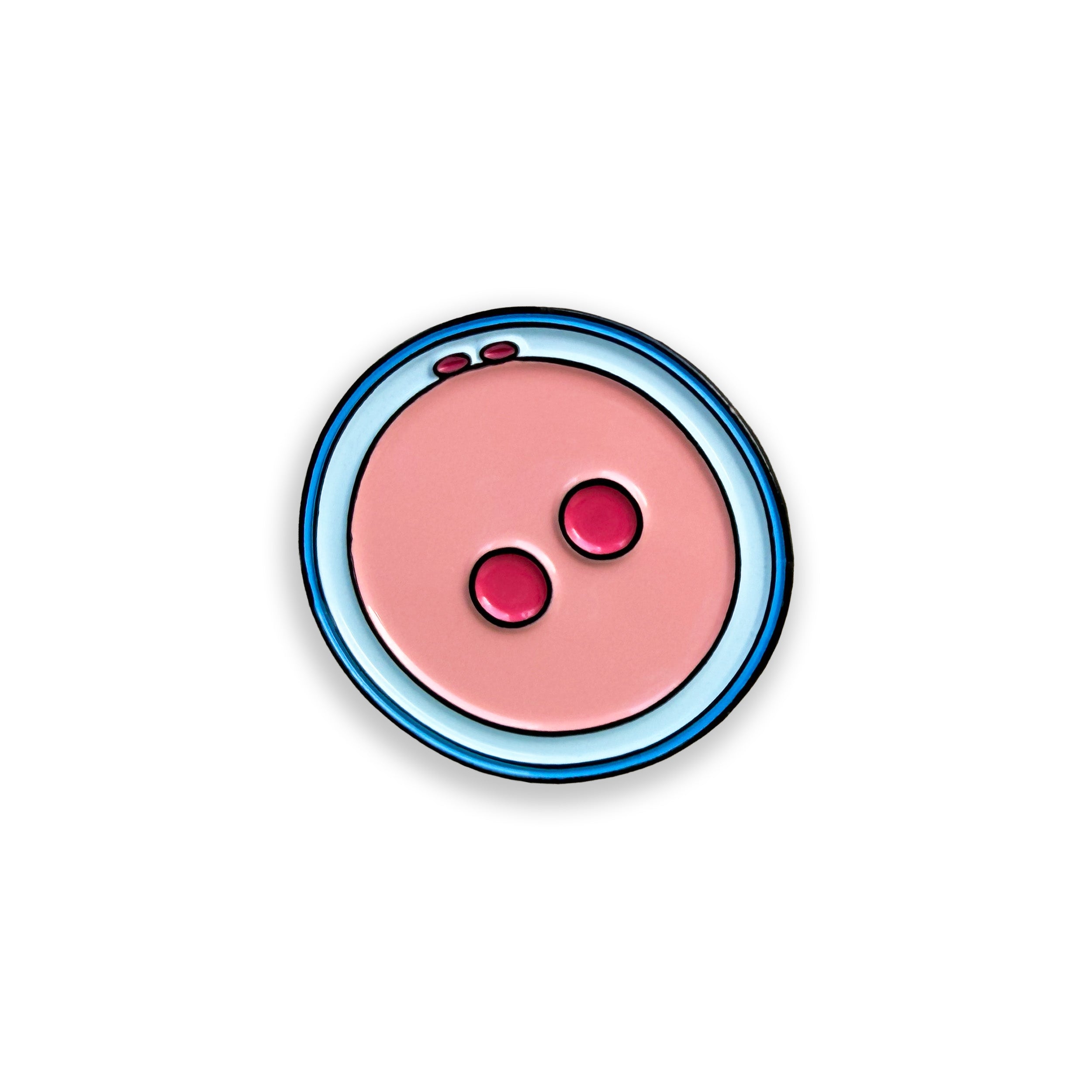 Zygote pink and blue enamel pin badge on a white background
